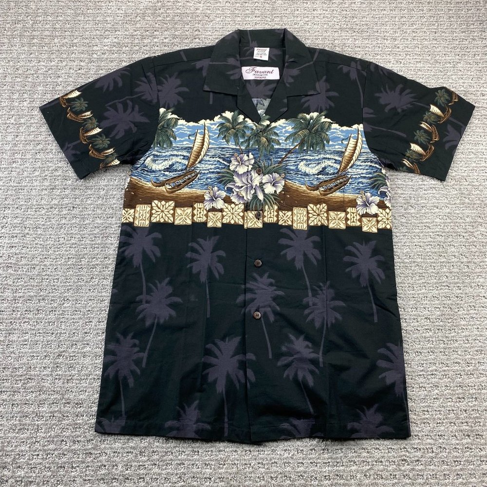 FAVANT Hawaiian Shirt Men Small S Black Button Up Floral Palm Tree Beach Waves